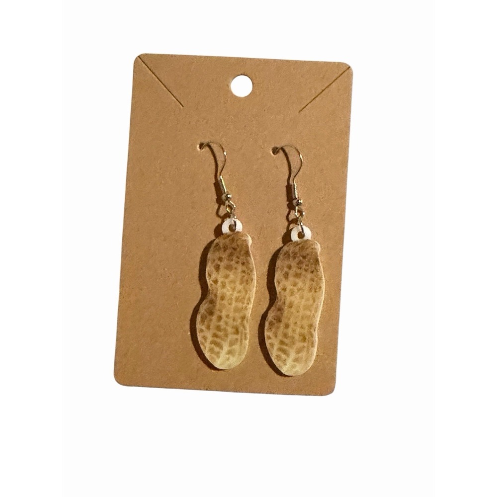 Handmade Peanut Shell Dangle Earrings Novelty Food Jewelry Brown Gold Tone